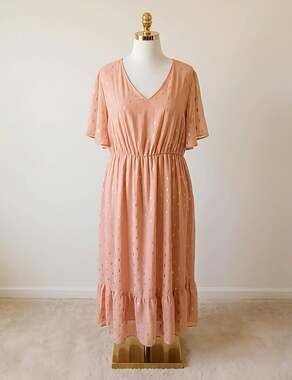 Plus Size 22 24 3X  BloomChic Gold Foil Polka Dot Flutter Sleeve Ruffle Midi Dre